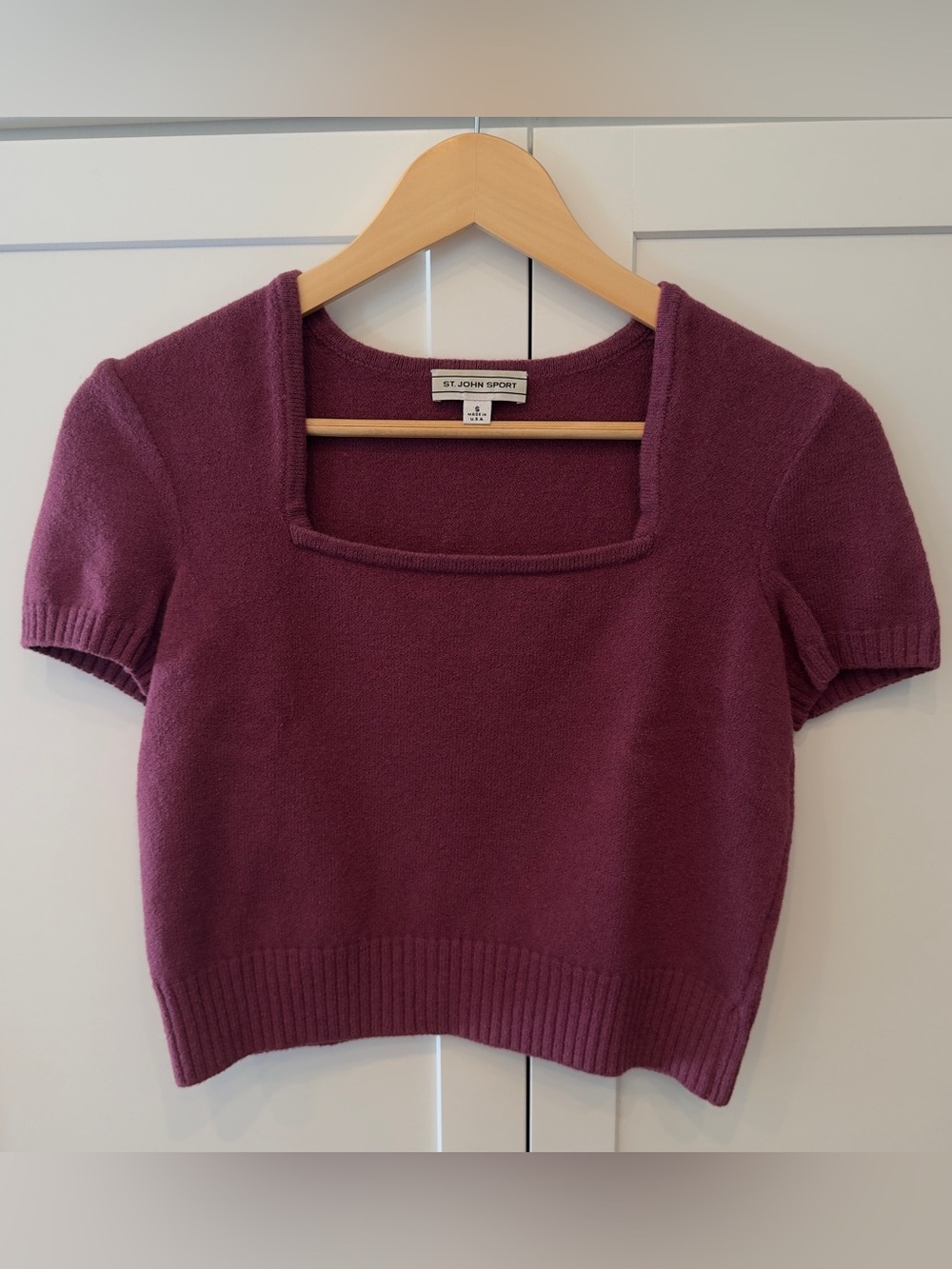 St. John Sport Vintage Plum Square Neck Short Sleeve Knit Crop Sweater Size S